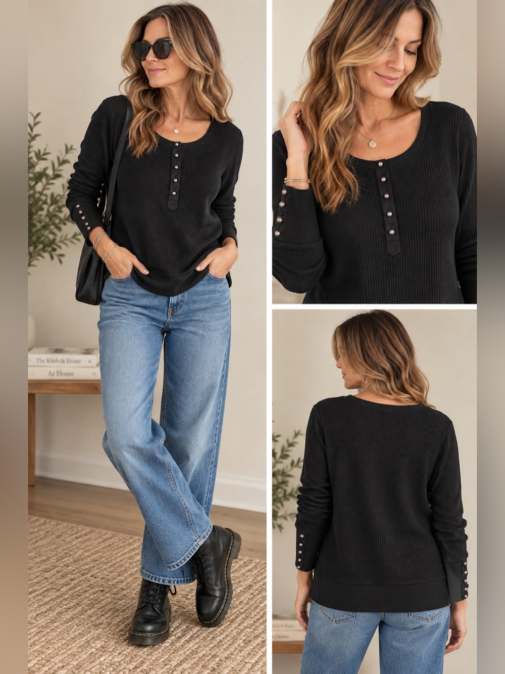 Soft Surroundings Black Waffle Knit Henley Top Size L Studded Cuffs